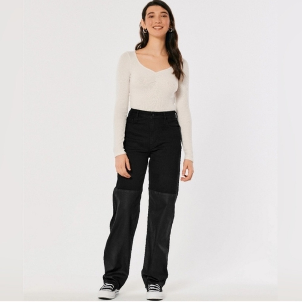 Hollister Ultra High Rise Dad Jeans Two Tone Coated Straight Leg Color Block